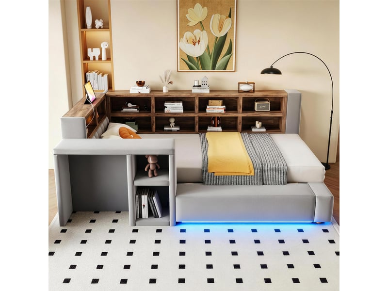 Lit enfant multifonctionnel 90x200 cm - lit simple avec rangement, étagères, led, prises et table d'appoint - gris - Conforama B