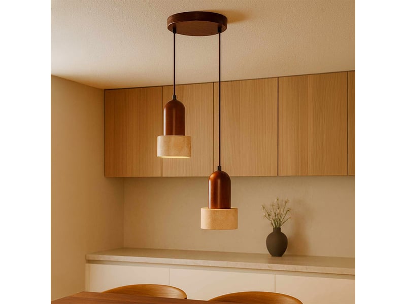  Suspension design 2 spots en travertin et effet bois noyer iris  - Conforama B
