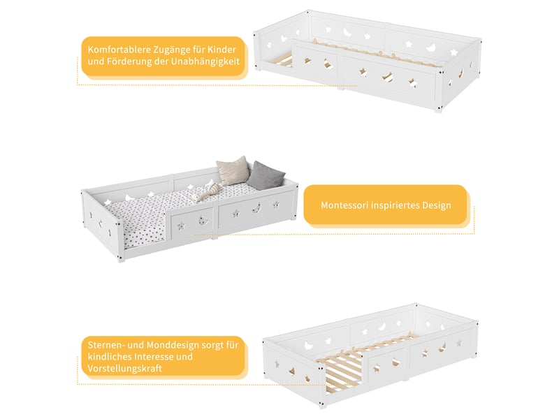 Lit au sol enfant 90x200 lit montessori au sol en bois massif avec barrière de sécurité et sommier à lattes  - Conforama E