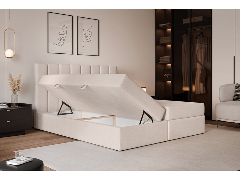 Lit coffre leo - 180x200 cm - avec matelas et surmatelas - tissu tissé chiné - crème LEO - Conforama D
