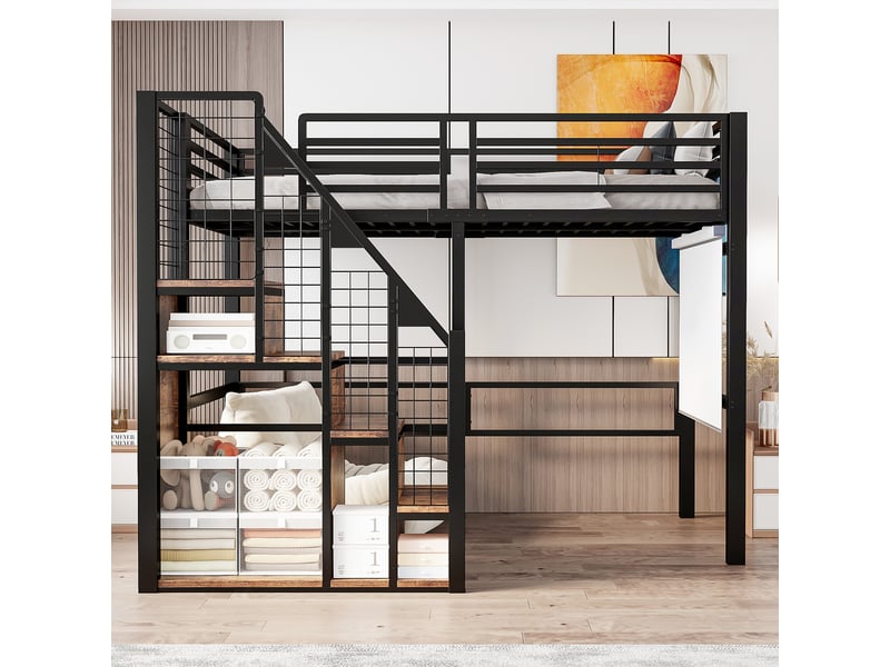  Lit mezzanine enfant 90 x 200 cm noir en métal avec échelle sécurisée, penderie, panneau grillagé, garde-corps haut et espace bureau  - Conforama C