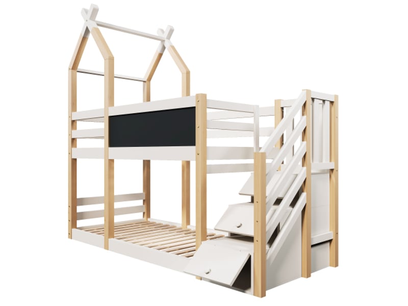  Lit superposé 90x200, lit enfant avec tableau noir, rangement et protection antichute, en bois, couleur naturel, sans matelas  - Conforama E