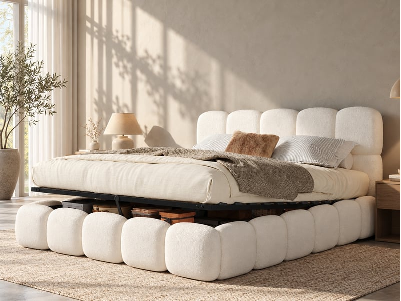  Lit double rembourré 200x200 cm, mécanisme hydraulique, sommier lattes, tête de lit et grand rangement, blanc bouclé  - Conforama B