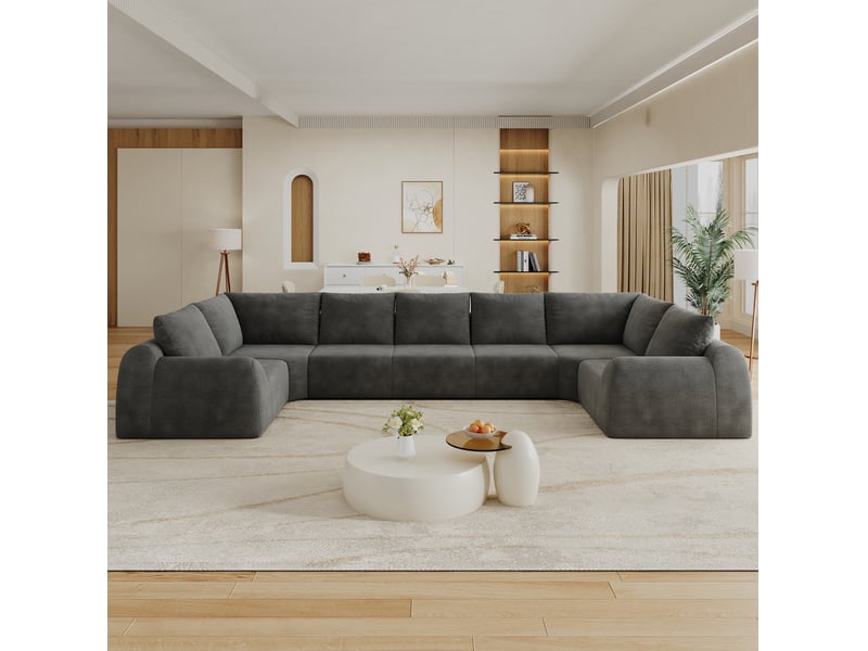  Canapé panoramique modenvie en u 7 places 411 x 200 x 85 cm, mousse haute élasticité, tissu chenille gris foncé  - Conforama D