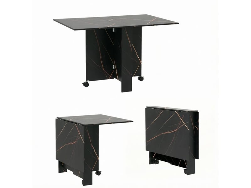  Table de salle à manger pliante à plateaux rabattables, roulettes verrouillables, noir marbré, 120 × 80 × 73 cm  - Conforama A