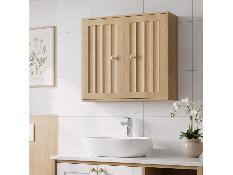  Armoire de salle de bain murale avec 2 portes et rangement fermé, poignées dorées, coloris chêne, 61,5 × 20 × 56 cm  - Conforama C