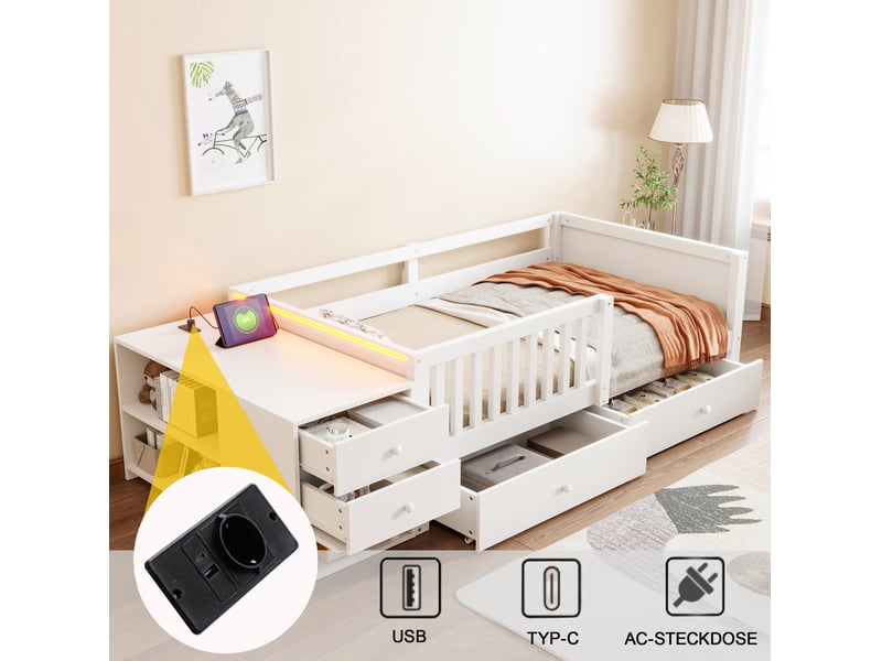 Lit enfant 90x200 cm avec rangement indépendant, prise intégrée, led et barrière de sécurité, bois, blanc, sans matelas  - Conforama E
