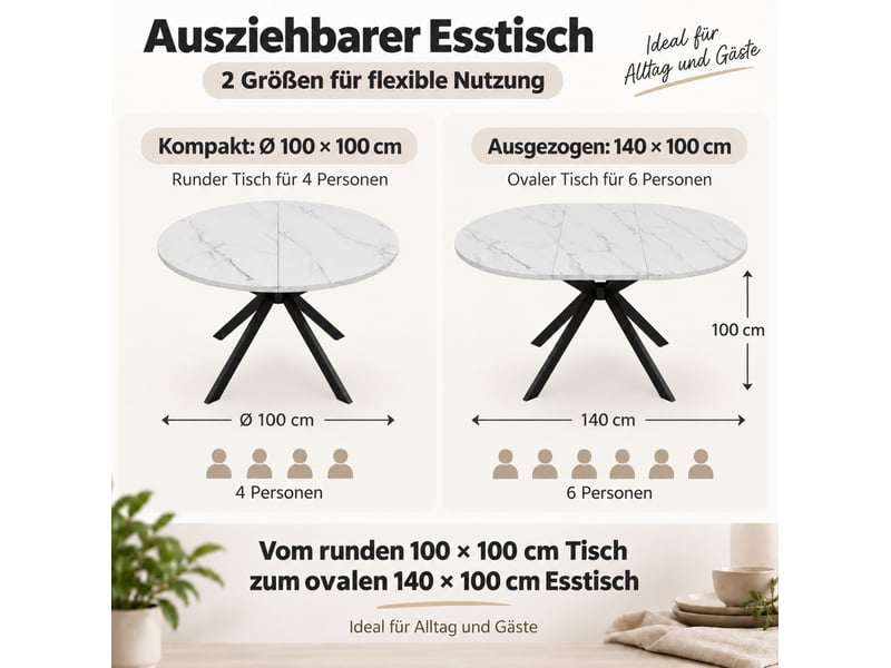  Table à manger extensible 140x100x75 cm blanc avec pieds en métal  - Conforama E