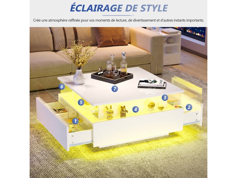 Table basse led blanche avec 2 tiroirs, vitrine acrylique, plateau brillant, 70 x 70 x 41 cm, blanc - Conforama D
