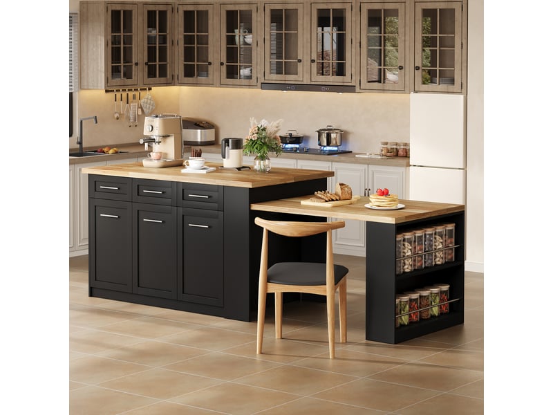  Îlot de cuisine muvano avec table escamotable, 150 x 90 x 90 cm, noir et effet bois  - Conforama D