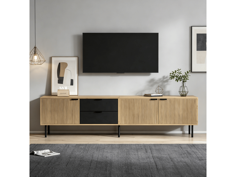  Meuble tv 208x40x48 cm - meuble bas avec 3 tiroirs, gestion des câbles, pour tv jusqu’à 85 pouces, panneau de particules - noir et naturel  - Conforama D