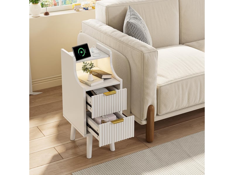  Lot de 2 tables de chevet 25x30x66cm 2 tiroirs, avec station de charge et led, bout de canapé en bois, moderne, blanc  - Conforama D