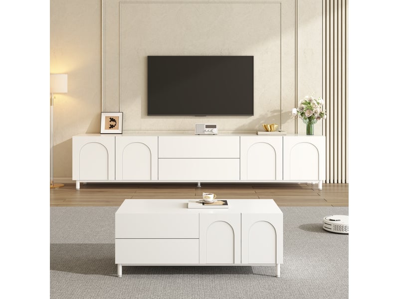 Ensemble meuble tv et table basse 180x40x48 cm + 100x50x39,5 cm, portes cintrées, en mdf et aggloméré, couleur blanche  - Conforama B