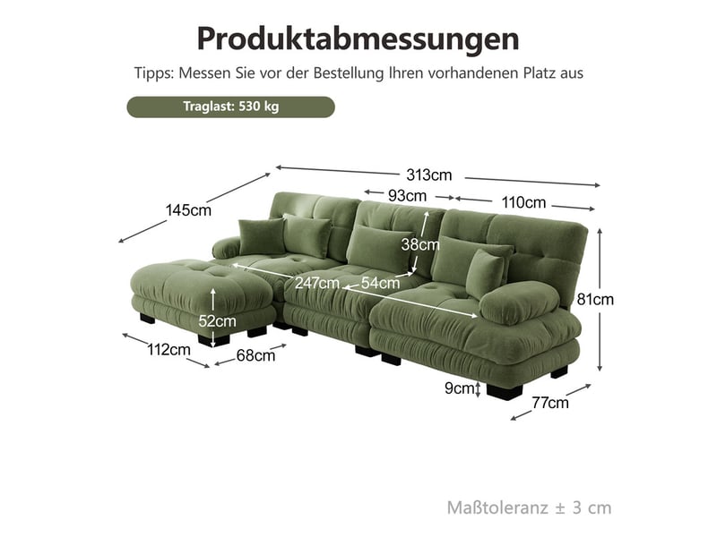 Canapé d'angle modulaire ,3 places, avec pouf,chenille,313 × 145 ×81cm,vert - Conforama C