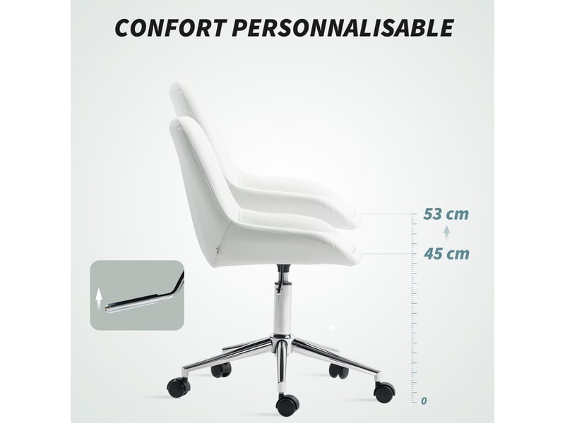  Fauteuil de bureau sans accoudoirs, 52x58x80-90cm, chaise de bureau avec hauteur réglable, blanc  - Conforama R