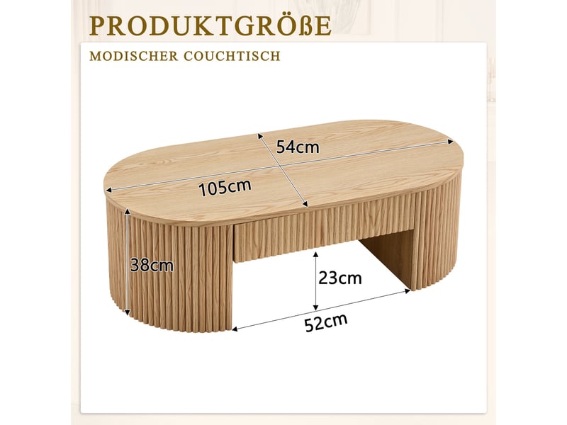 Table basse ovale 105x54x38 cm - table de salon avec tiroir de rangement et habillage cannelé – mdf - naturel  - Conforama C