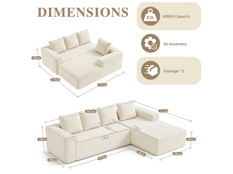  Canapé d'angle modulable avec chaise longue, assise profonde, en velours côtelé beige  - Conforama E