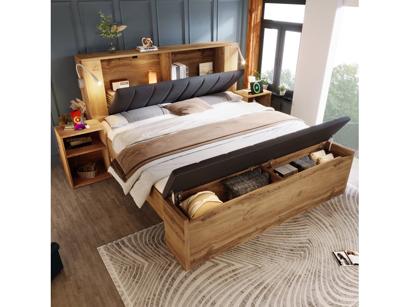 Lit 160x200 avec rangement, chevets, banc coffre et matelas evryae  - Conforama C