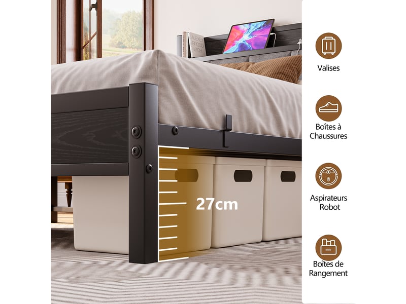  Cadre de lit 140x190 cm avec led intégrées, tête de lit mémoire usb, sommier métallique renforcé, silencieux  - Conforama D