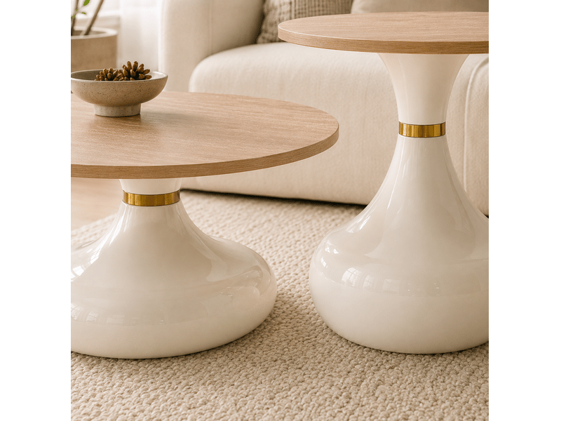  Tables basses gigognes rondes 2 pièces, plateaux mdf effet travertin, piètements métal blanc et doré, ø 70 cm  - Conforama E