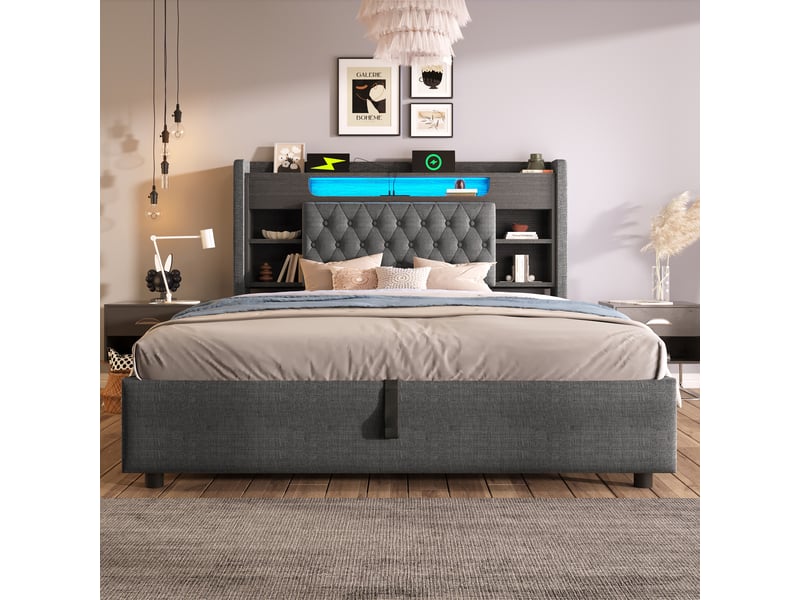 Lit coffre 160x200 cm, lit double avec rangement hydraulique, led, usbtype-c, tête de lit avec étagère, tissu en lin, sans matelas - gris - Conforama D