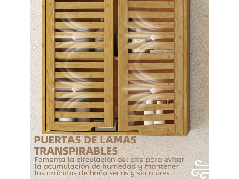  Armoire de salle de bain murale en bambou, portes persiennes, étagère réglable, 60 x 20 x 60 cm  - Conforama R