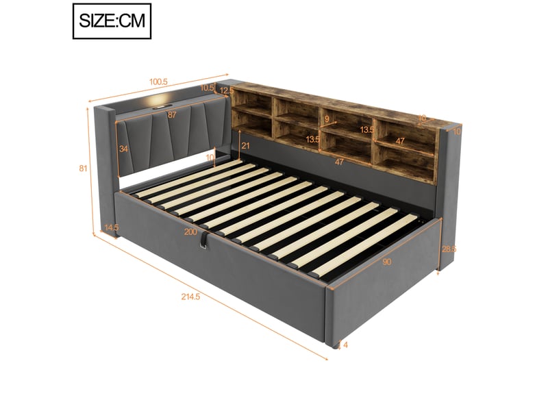  Lit 90x200 cm avec rangement hydraulique, tête de lit fonctionnelle, mdf et métal couleur gris foncé sans matelas  - Conforama C