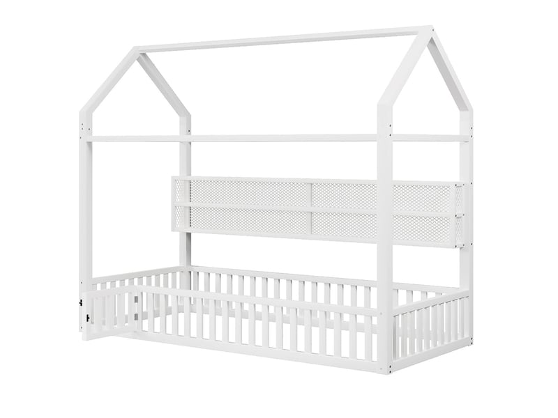 Lit cabane maison 90x200 barrière éclairage led blanc - Conforama A