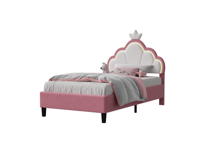  Lit simple enfant, 90 x 190 cm, avec lumière led et tête de lit réglable, velours, rose  - Conforama A