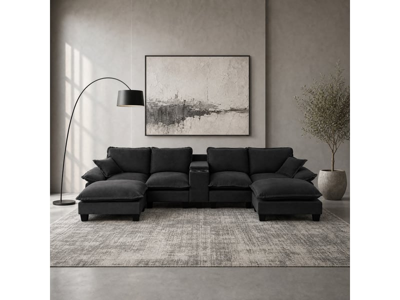 Canapé modulable en u modenvie 6 places avec rangement, porte-gobelets, ports usb, 2 ottomans et 2 coussins en chenille noir  - Conforama E