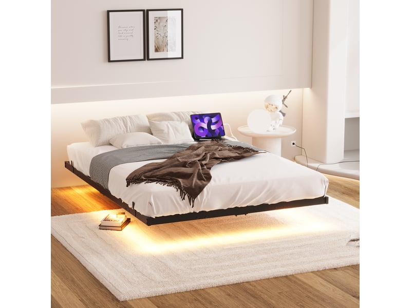  Cadre de lit 120 x 200 cm noir en métal avec sommier à lattes, led et station de charge  - Conforama B