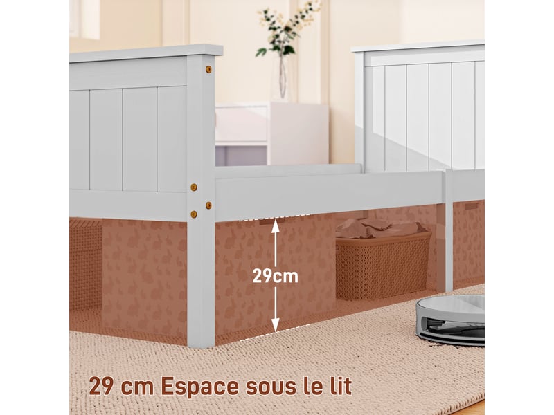  Cadre de lit 90 x 200 cm, assemblage facile, lit simple en bois massif avec sommier à lattes tête et pied inclus, blanc  - Conforama R