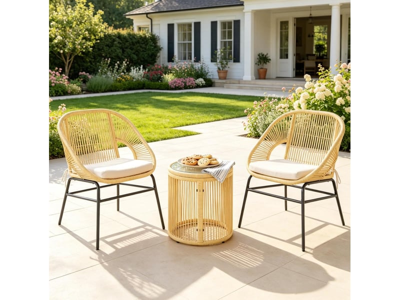 Salon de jardin 2 places beige en résine tressée avec table ronde en verre trempé et coussins amovibles - Conforama B