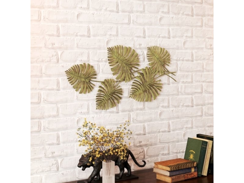 Set de décorations murales en métal doré, motif feuilles, finition peinte, style élégant - Conforama C