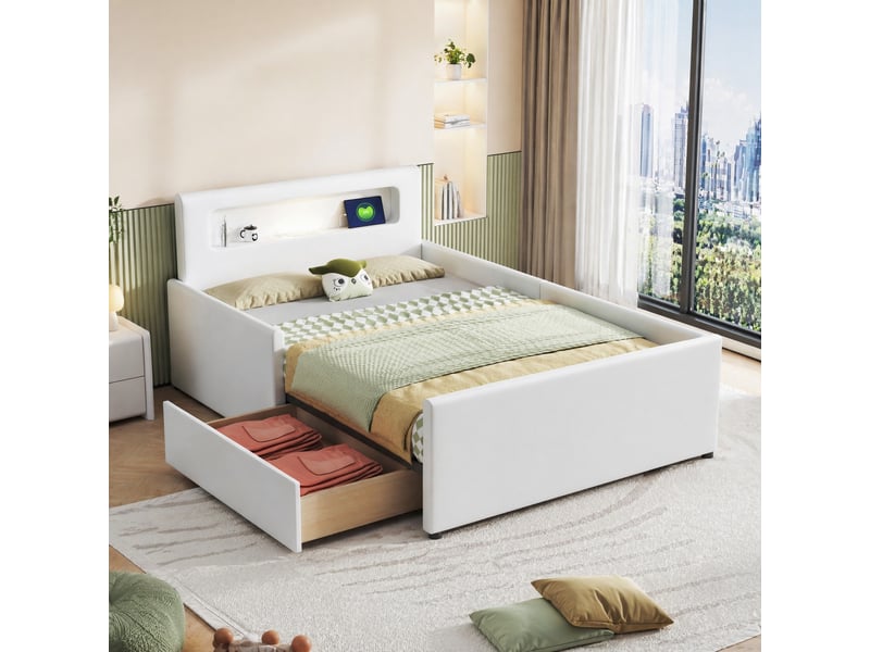 Lit enfant 90x200 cm avec rangement, veilleuse led et port usb, blanc - Conforama D