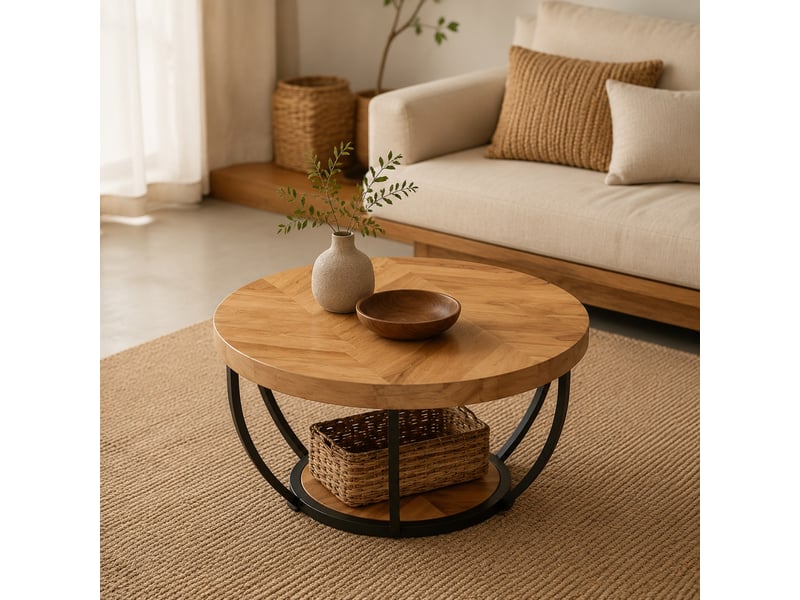 Table basse ronde à deux niveaux avec plateau effet bois et piètement métallique pour salon ou bureau, finition bois - Conforama D