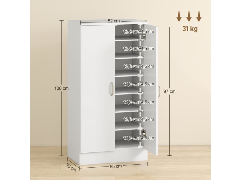  Meuble à chaussures d'entrée avec 2 portes et 6 étagères réglables pour 14 paires de chaussures, 55 x 35 x 108 cm, blanc  - Conforama D
