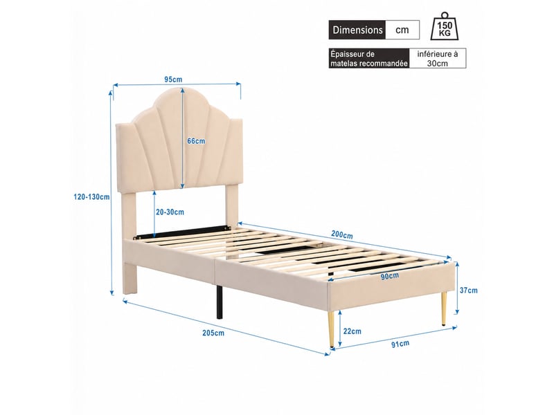  Lit simple 90x200 cm en velours, tête de lit en forme de coquille réglable et pieds dorés, sans matelas, beige  - Conforama D