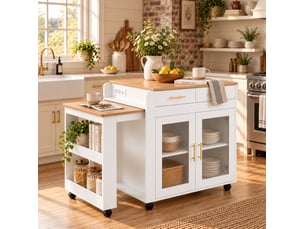 Îlot de cuisine 177x60x89,5 cm extensible avec rangement et prises, blanc