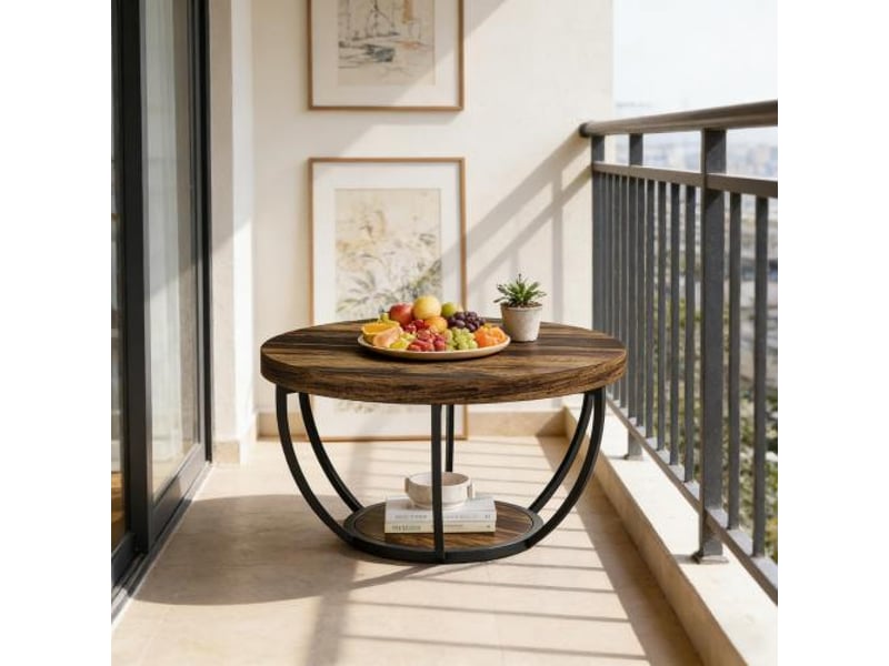  Table basse ronde avec 2 niveaux de rangement, style moderne aux lignes épurées, en bois et métal, décor bois rustique  - Conforama D