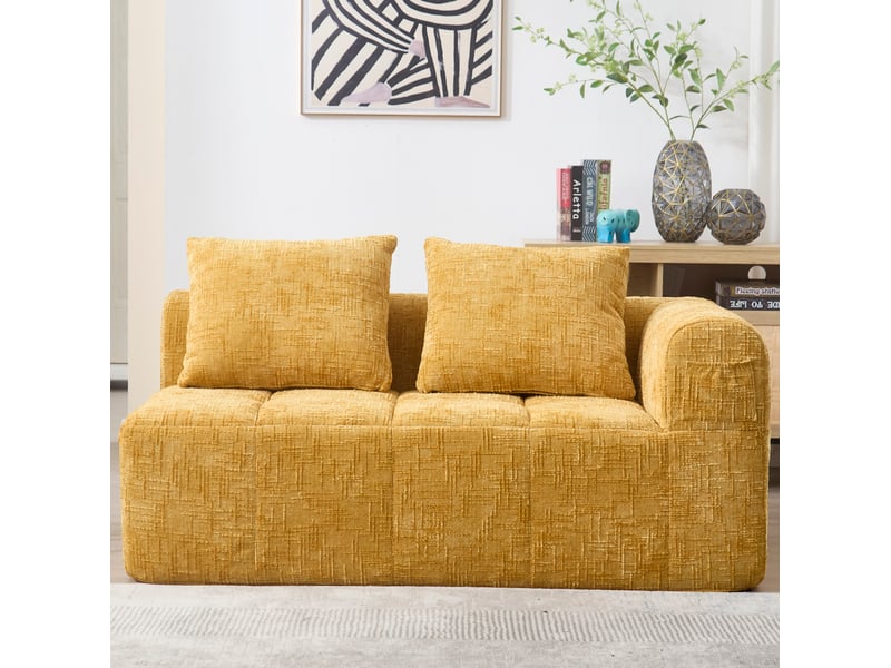  Canapé droit fixe 2 places en tissu jaune 158 × 90 × 60 cm, poches latérales et coussin inclus, style contemporain  - Conforama E