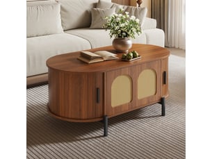 Table basse ovale en rotin avec portes coulissantes - look bois, pieds métal, rangement multifonctionnelle