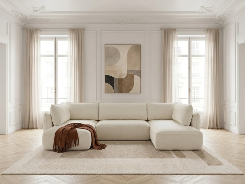 Bobochic canapé d'angle panoramique convertible esmee tissu chenille blanc angle gauche ESMEE - Conforama C