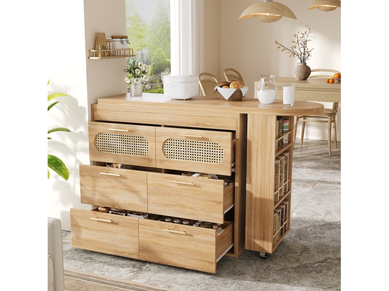 Table haute pivotante avec 6 tiroirs et rangement latéral, sécurité anti-basculement pour cuisine en mdf nature  - Conforama E