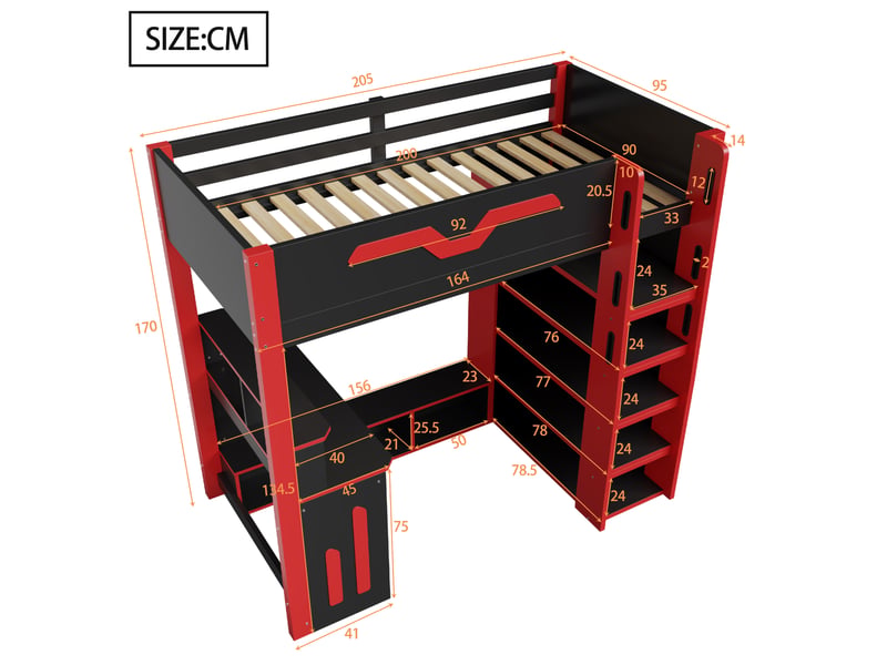  Lit mezzanine enfant 90×200 cm bureau, led et rangements  - sans matelas, bois dérivé - noir et rouge  - Conforama D