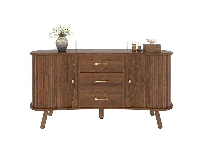  Buffet bas 150x36,5x75cm, 2 portes coulissantes, 3 tiroirs, étagères réglables, pieds en bois massif, finition noyer style scandinave, salon  - Conforama A