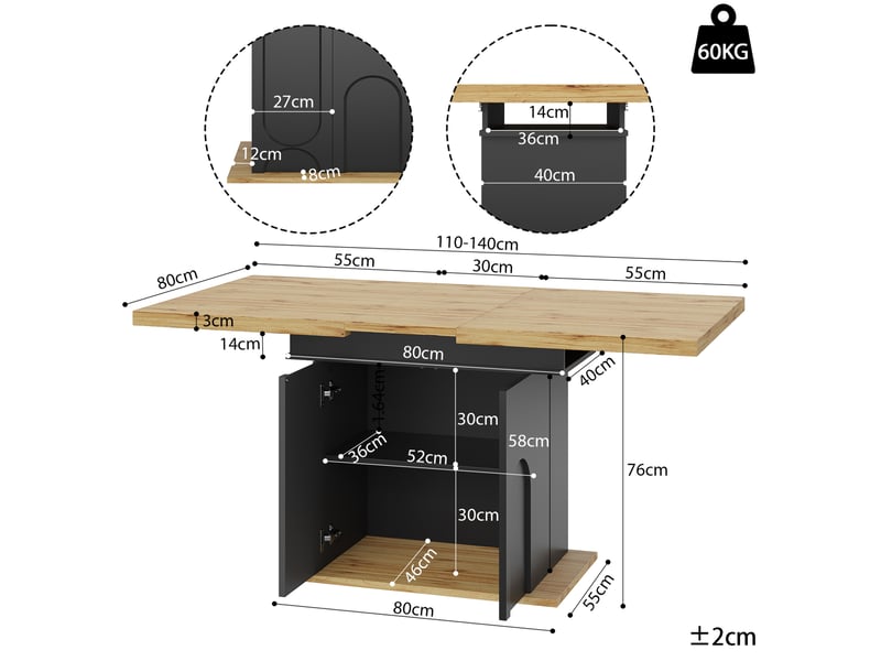  Table extensible télescopique, 110-140x80x76 cm, plateau en mdf, design moderne, pratique, mdf, coloris noir et naturel  - Conforama C
