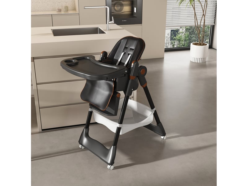  Chaise haute bébé pliable 53x76x95 cm, roulettes avec frein, réglable 5 hauteurs, chaise bébé compacte, pu, noir  - Conforama D