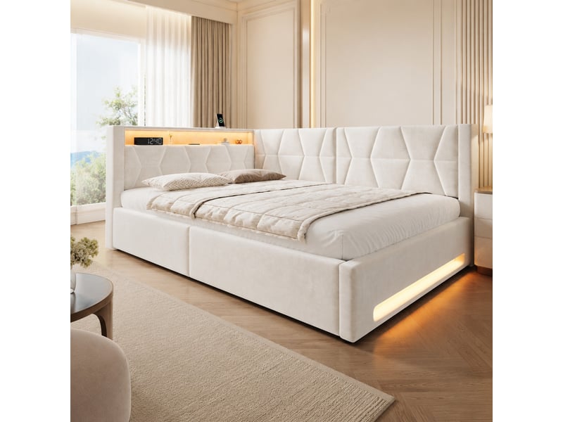  Lit coffre double 140×200 cm avec led, usb et type-c - okmyhome- en velours beige, sans matelas  - Conforama B