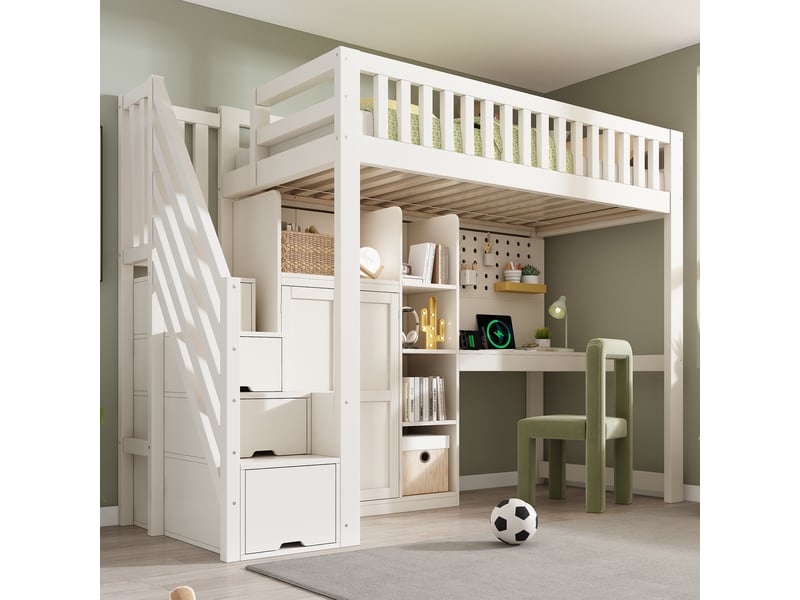 Lit mezzanine enfant 90x200 cm avec bureau armoire escalier de rangement étagères prises usb usb-c sommier pin mdf blanc evarich - Conforama D